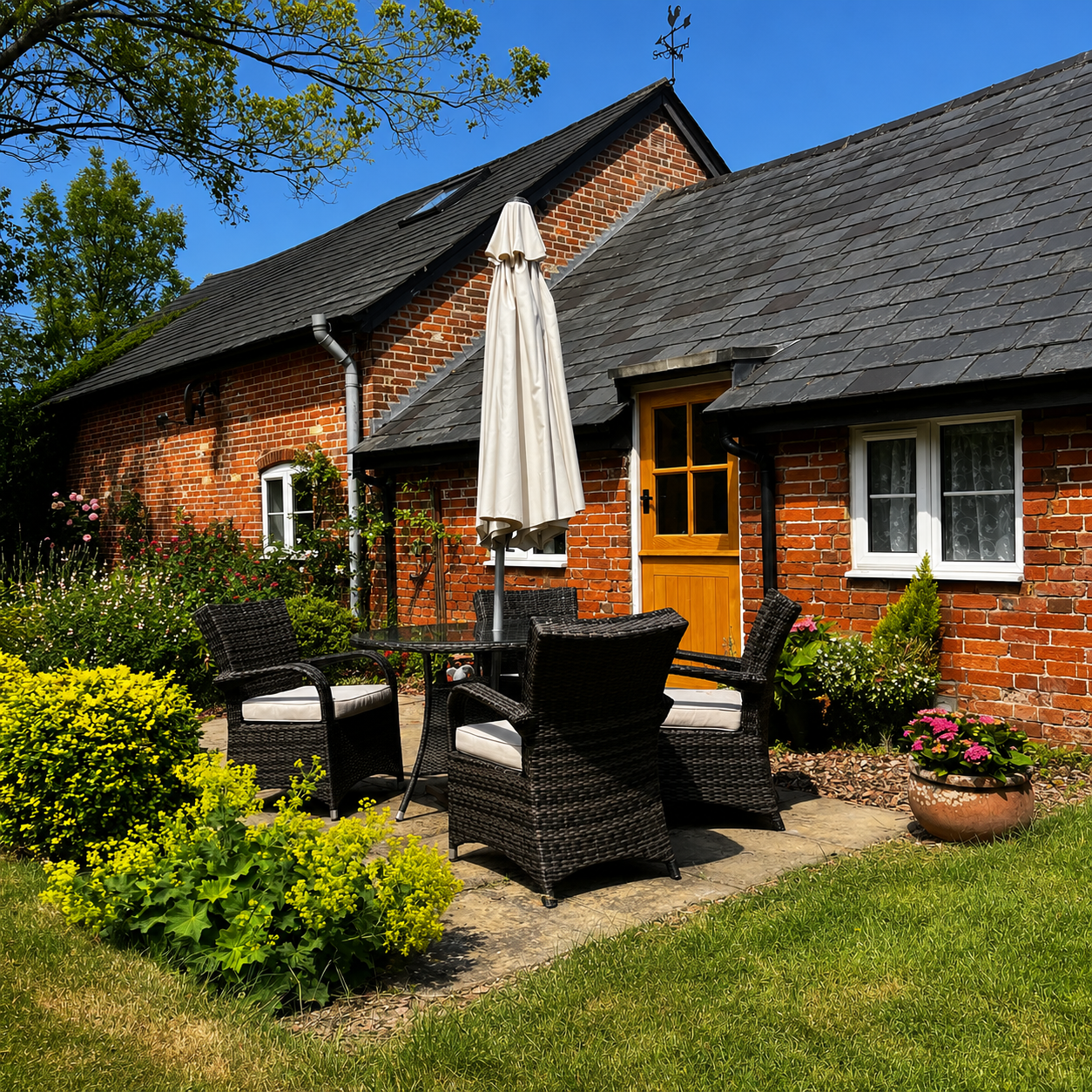 Outdoor sitting area at The Piggery